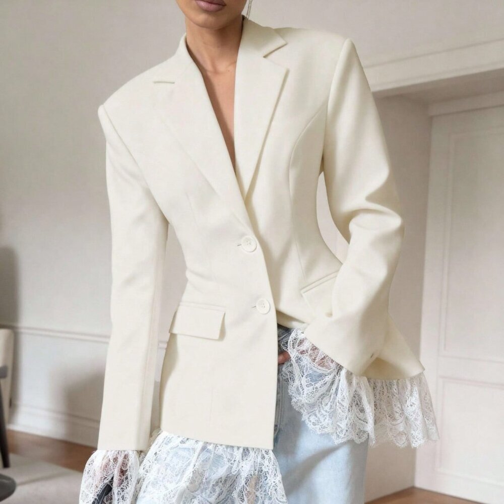 Apricot Elegant Women's Lace Patchwork Blazer Jacket - Picture 5 of 6